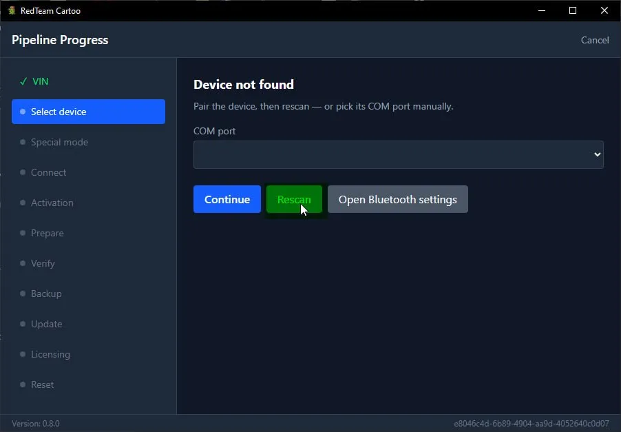 Device not found, with Rescan highlighted
