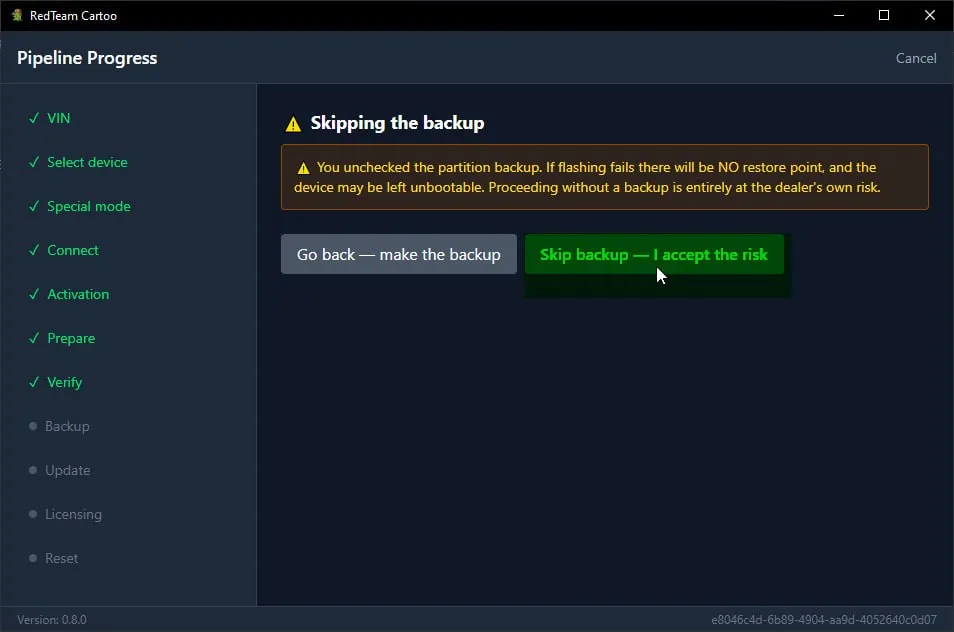 Skipping the backup warning