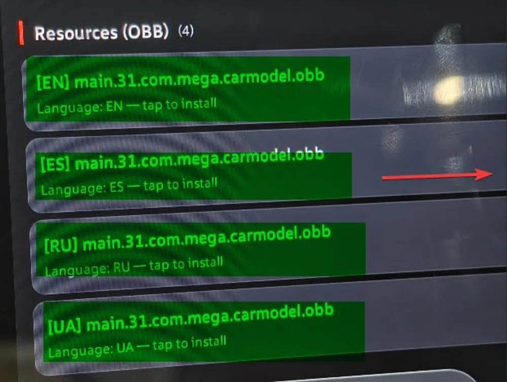 Resources (OBB) list with the four language entries