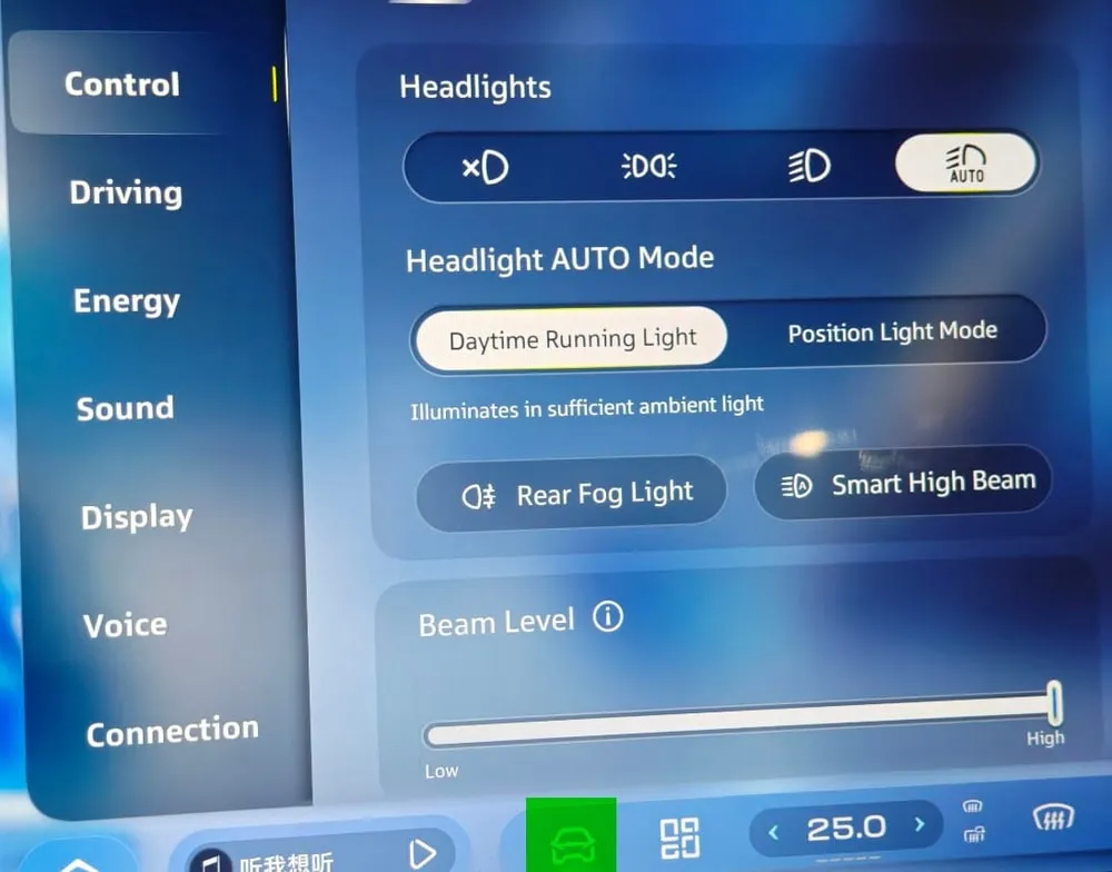 Vehicle settings rendered in English