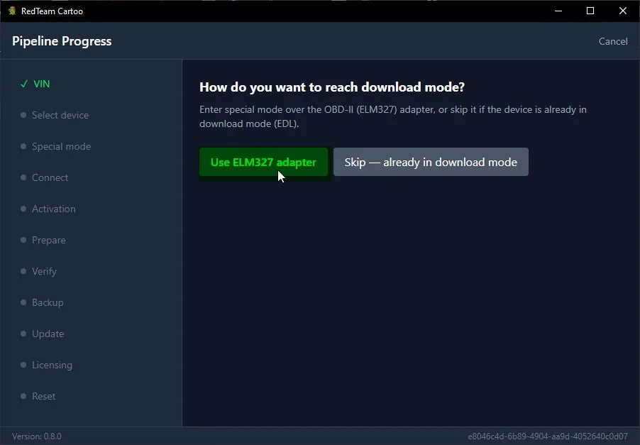 Download mode choice: ELM327 adapter or skip