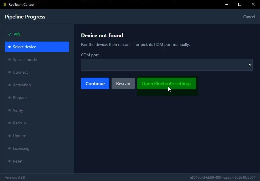 Device not found, with Open Bluetooth settings highlighted