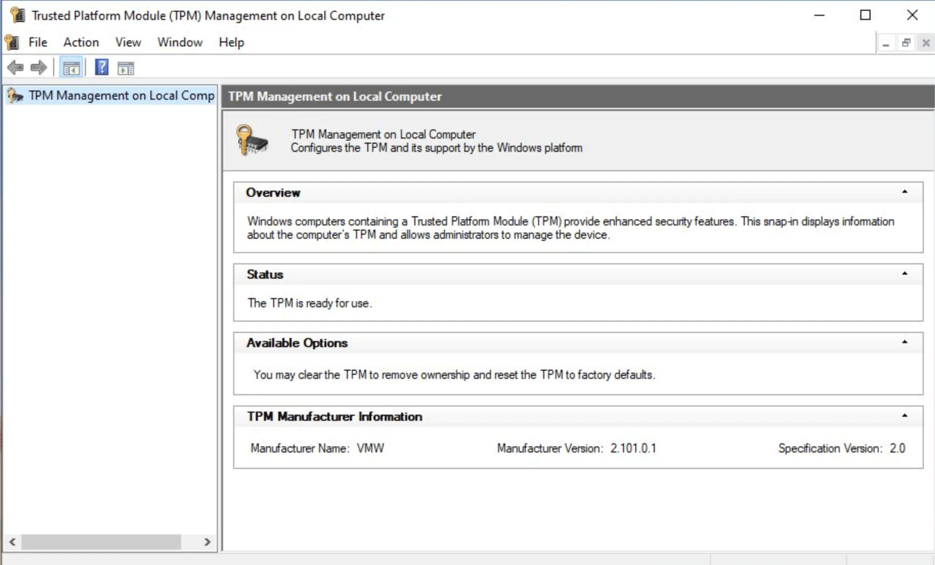 TPM Management console: Status reads “The TPM is ready for use”, Specification Version reads 2.0