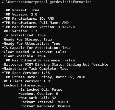 tpmtool getdeviceinformation output showing TPM Present: True and TPM Version: 2.0